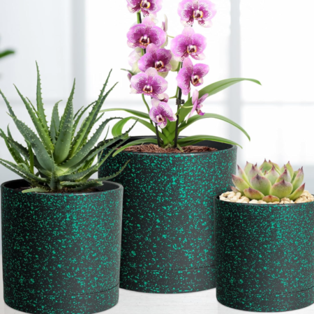 Cylindrical Speckled Indoor Planter with Saucer and Drainage Holes