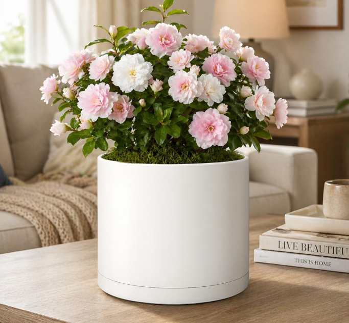 Modern Round Lightweight Planter with Saucer and Drainage Holes