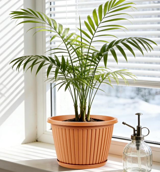 Set Of Modern Decorative Resin Planters With Trays And Drainage Holes