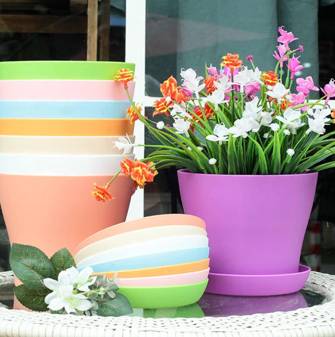Multi-colored Small Plastic Planter Set with Drainage Holes