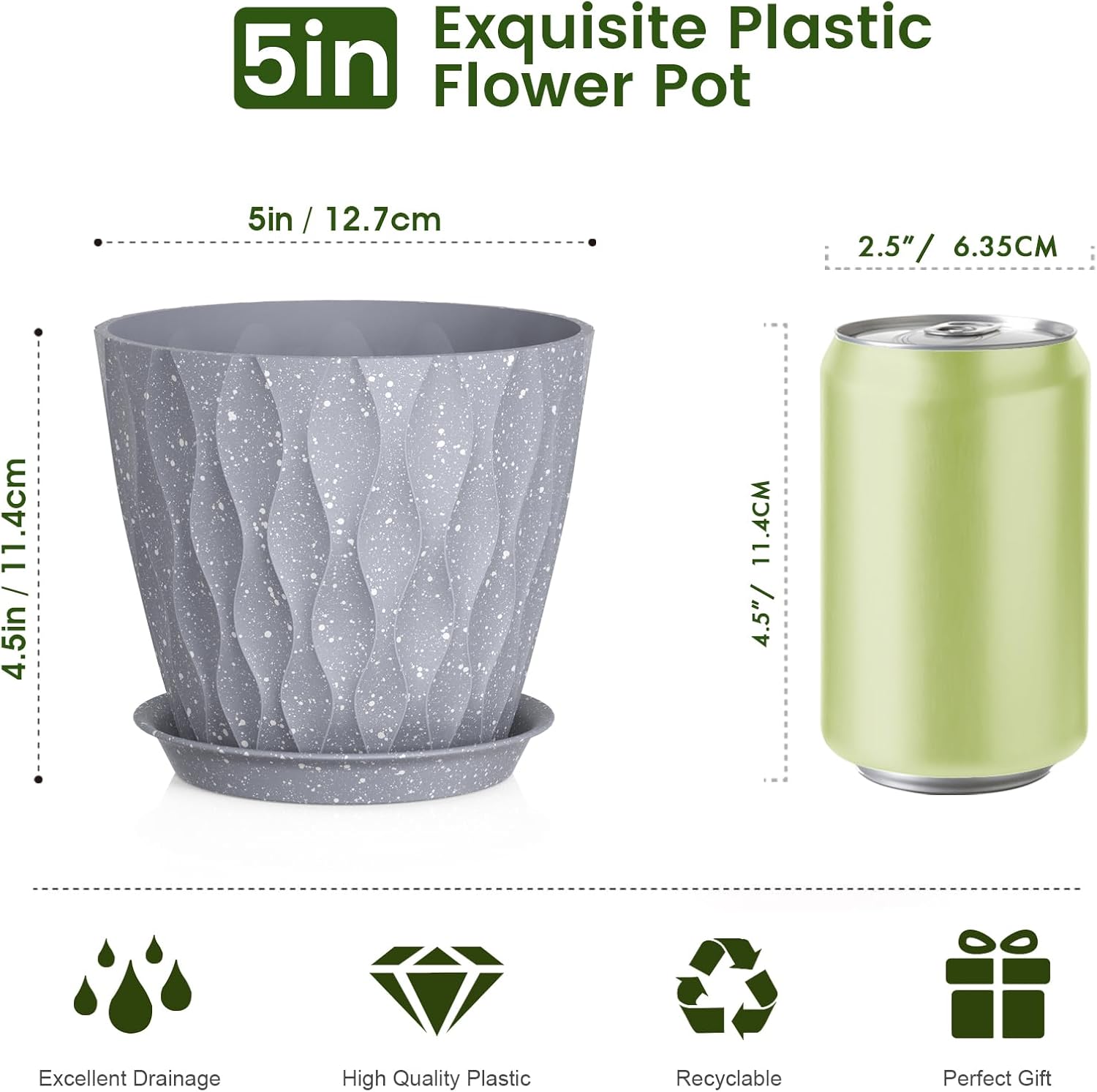 Thick-Walled Plastic Planters With Wavy Texture, Trays, And Drainage Holes - Image 2