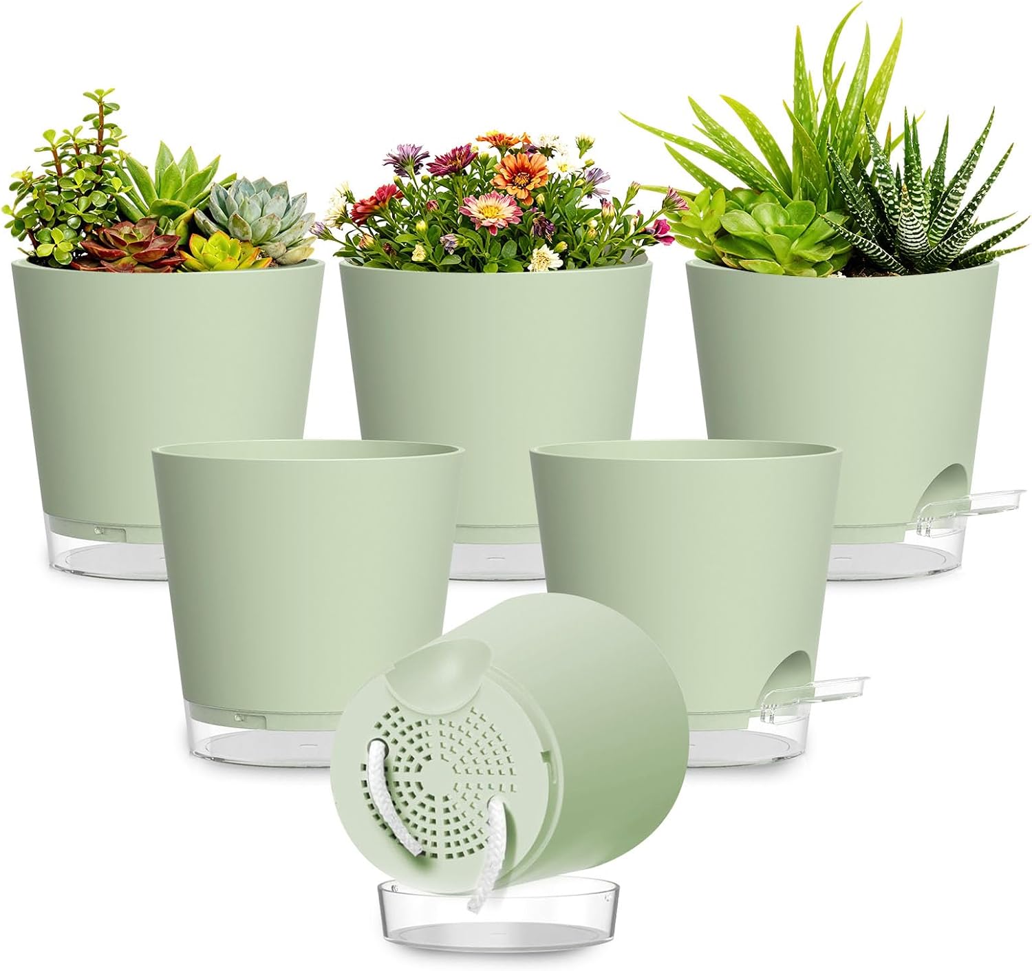 Set Of Self-Watering Plastic Planters With Transparent Trays