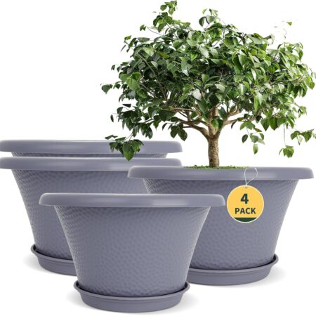 Large Grey Decorative Planters With Trays And Drainage Holes