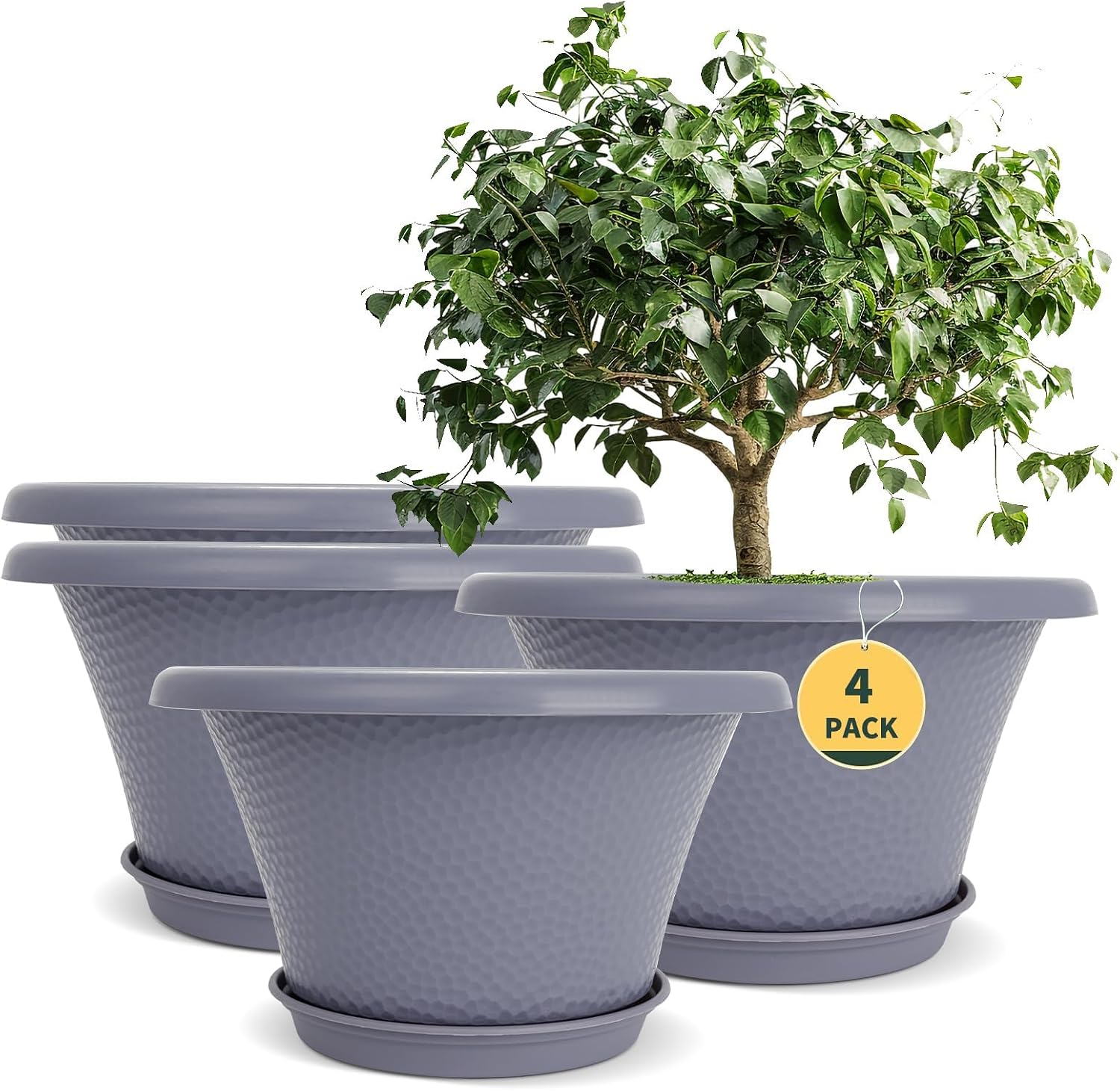 Large Grey Decorative Planters With Trays And Drainage Holes