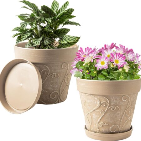 Durable Planters With Faux-Terracotta Embossed Texture, Trays, And Drainage Holes