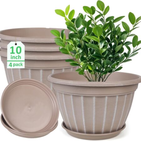 Decorative Resin Planters With Beige Finish, Trays, And Drainage Holes