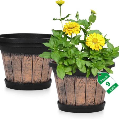 Decorative Plastic Planters With Barrel-Look Finish, Trays, And Drainage Holes