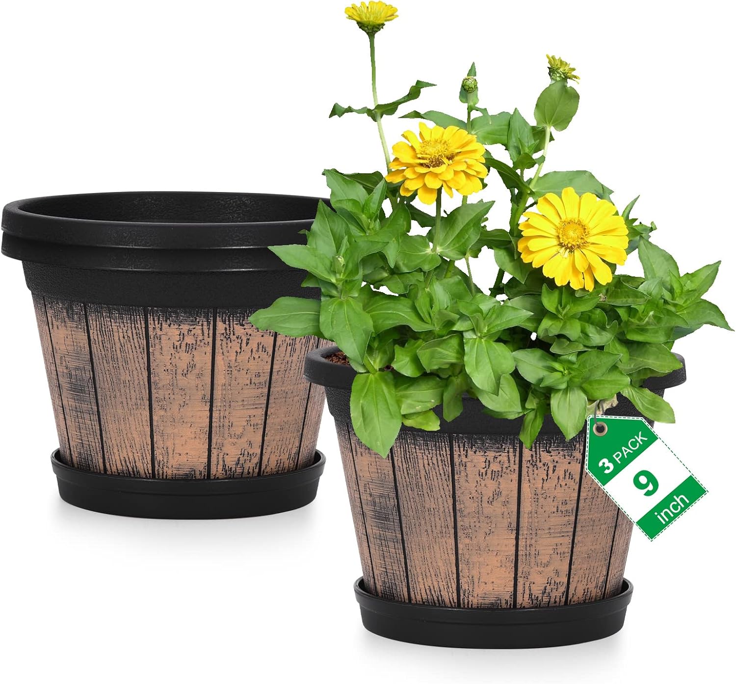 Decorative Plastic Planters With Barrel-Look Finish, Trays, And Drainage Holes