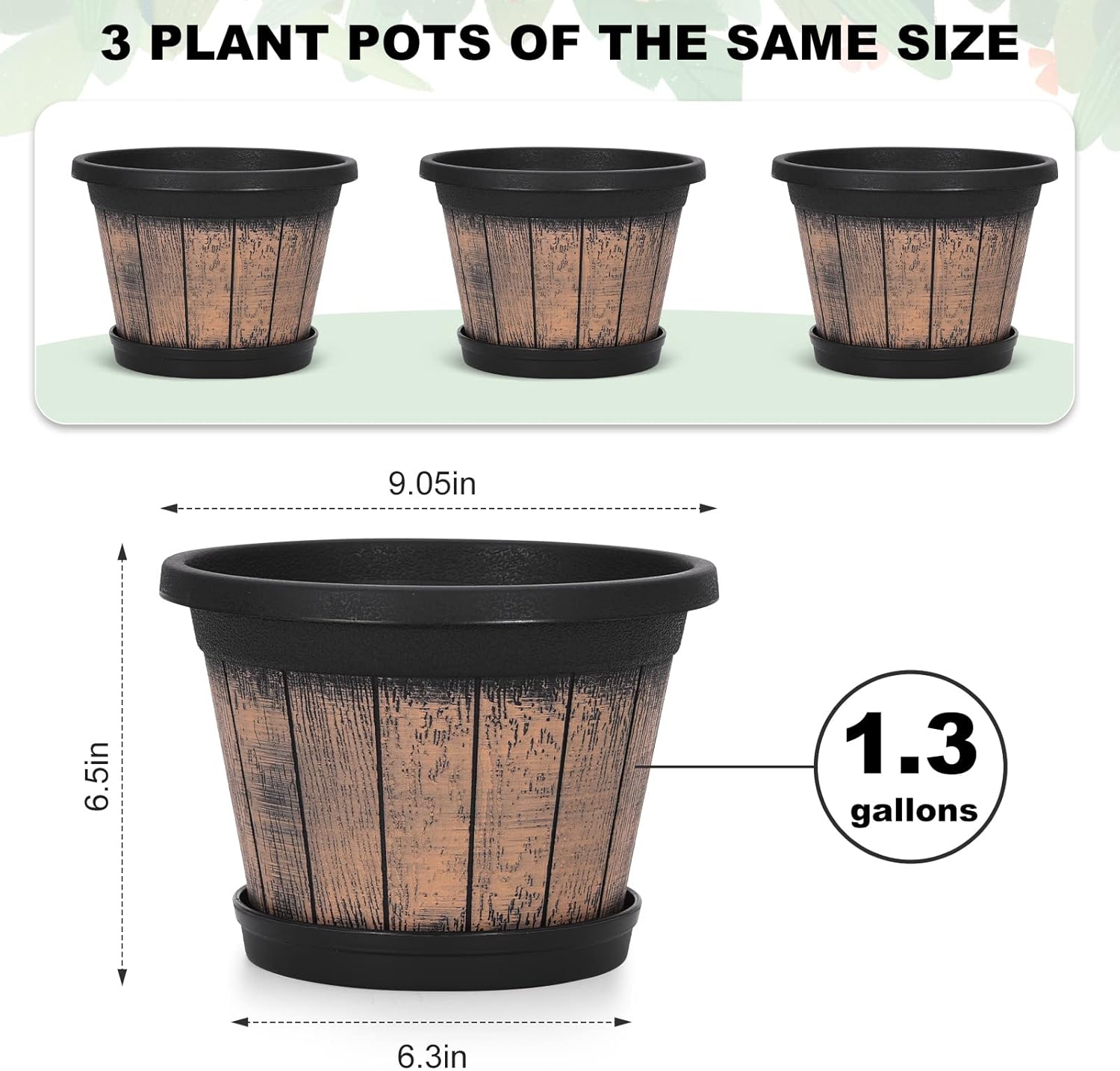 Decorative Plastic Planters With Barrel-Look Finish, Trays, And Drainage Holes - Image 2