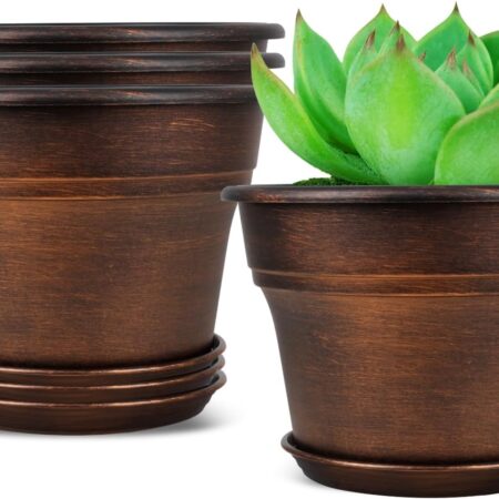 Decorative Resin Planters With Copper Finish, Trays, And Drainage Holes