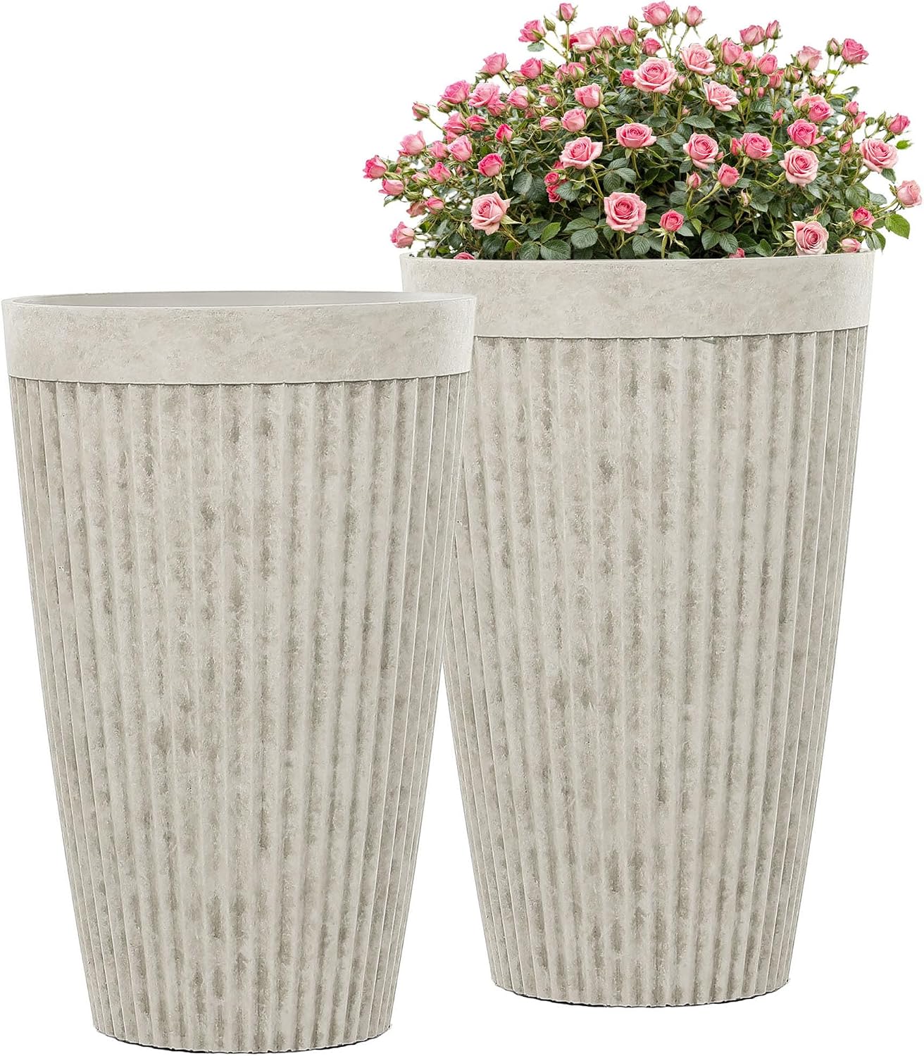 Set Of Tall Resin Planters With Vintage Ivory Finish And Ribbed Texture - Image 2