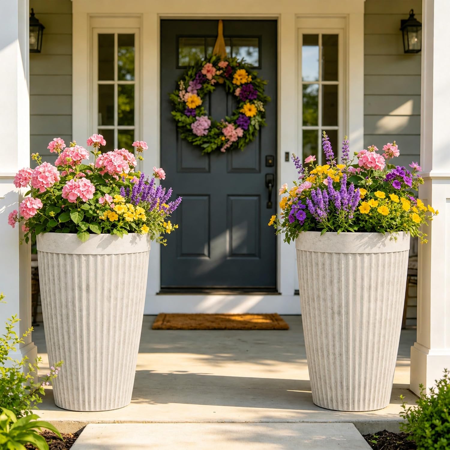 Set Of Tall Resin Planters With Vintage Ivory Finish And Ribbed Texture