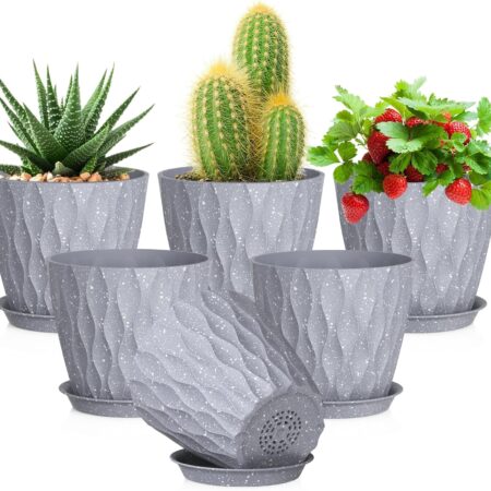 Thick-Walled Plastic Planters With Wavy Texture, Trays, And Drainage Holes