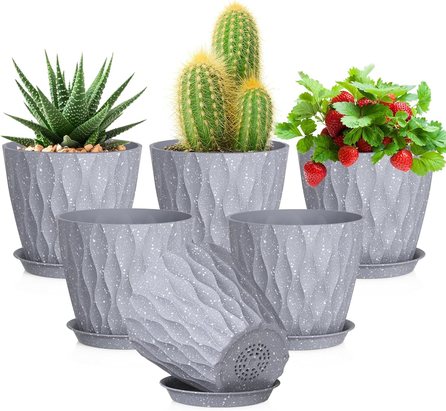 Thick-Walled Plastic Planters With Wavy Texture, Trays, And Drainage Holes
