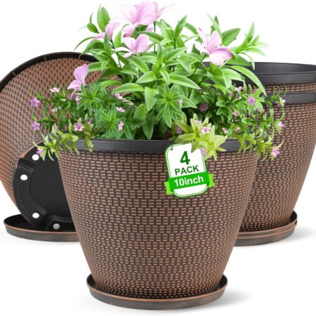 Large Outdoor Planters With Woven-Look Texture, Trays, And Drainage Holes