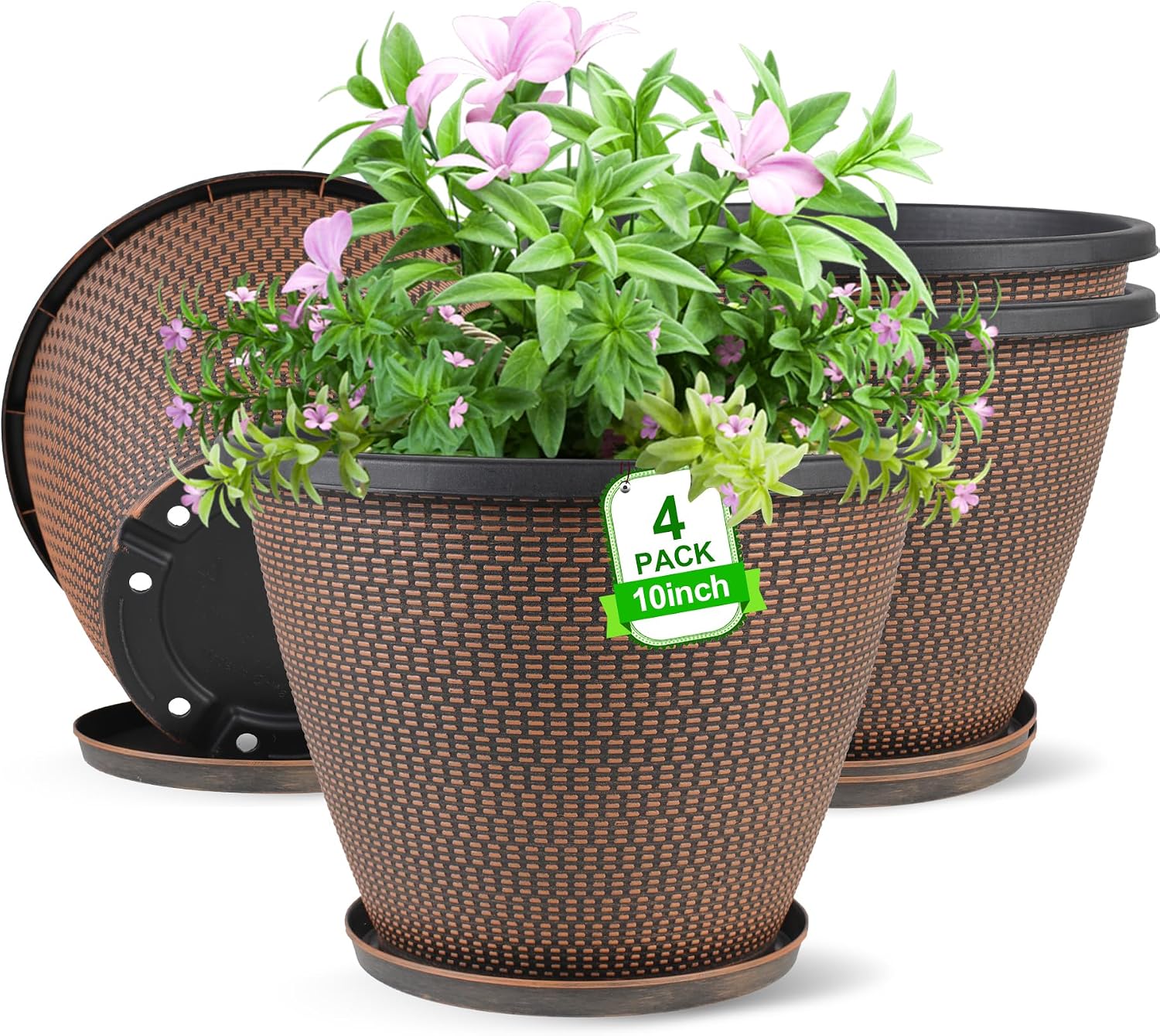 Large Outdoor Planters With Woven-Look Texture, Trays, And Drainage Holes