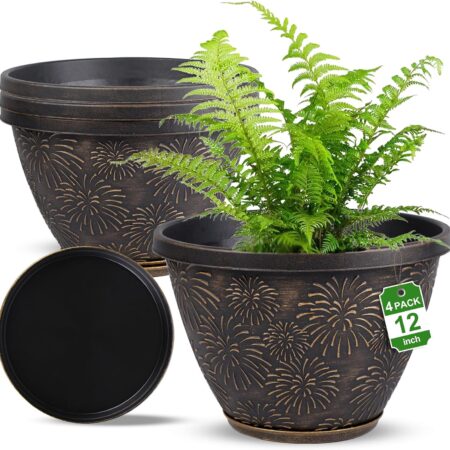 Large Vintage-Style Gold Embossed Planters With Trays And Drainage Holes