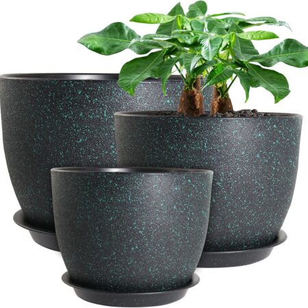Large Modern Speckled Black Planters With Trays And Drainage Holes