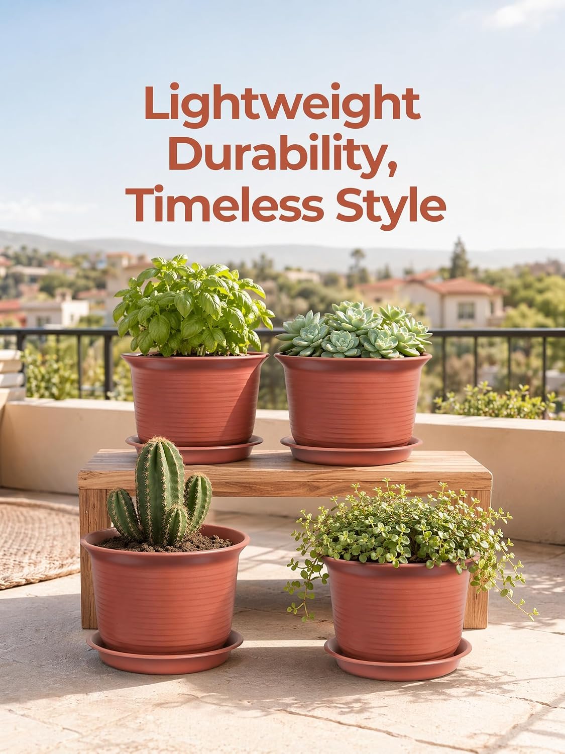 Plastic Planters With Faux-Ceramic Finish, Trays, And Drainage Holes - Image 2